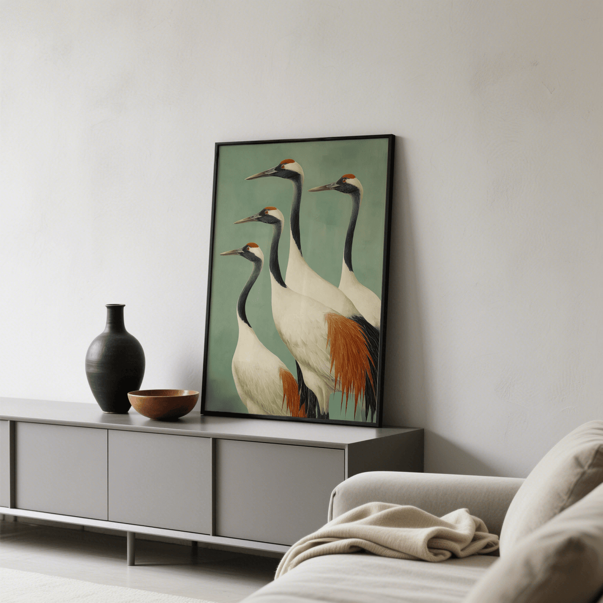 Birds Wall Art artwork of clustered cranes with beige and white plumage