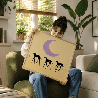 Desert scene wall art print with small cactus icons and three long-legged dog figures