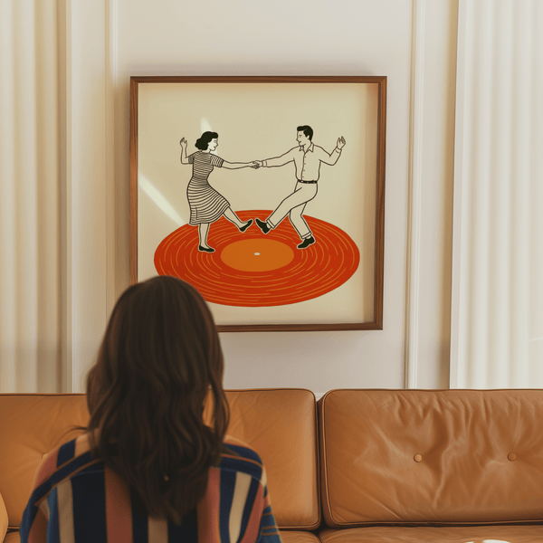 Cheerful Vintage Dance Art Print in orange for hallway wall art poster