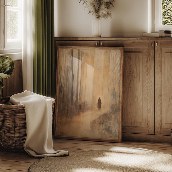 Sepia abstract landscape with monk figure in antique Japanese prints style.