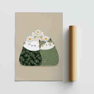 Adorable Illustrated Cat Wall Art featuring White cats for entryway print