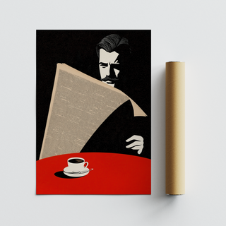 Portrait poster print of a man reading a newspaper with slicked-back hair and simplified features