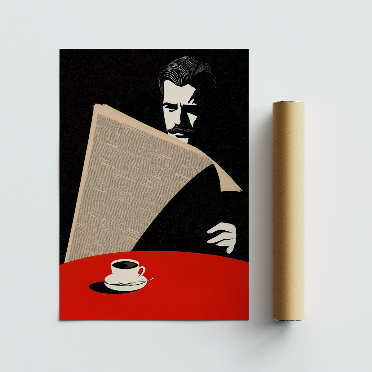 Portrait poster print of a man reading a newspaper with slicked-back hair and simplified features
