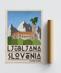 Vintage tourism poster featuring Slovenian architecture under layered mountain ridges