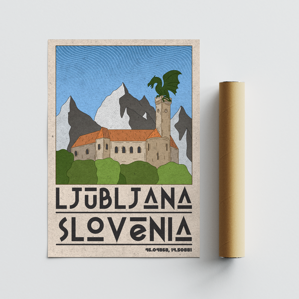 Vintage tourism poster featuring Slovenian architecture under layered mountain ridges