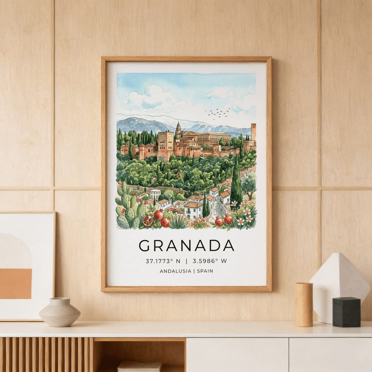 Close-up print poster showing Granada hilltop fortress walls and towers above trees