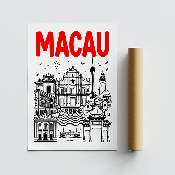 Minimal skyline artwork with red header on clean white background