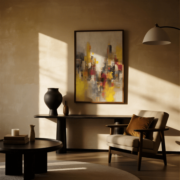 Abstract Cityscape Art Print in yellow and black for contemporary living room print