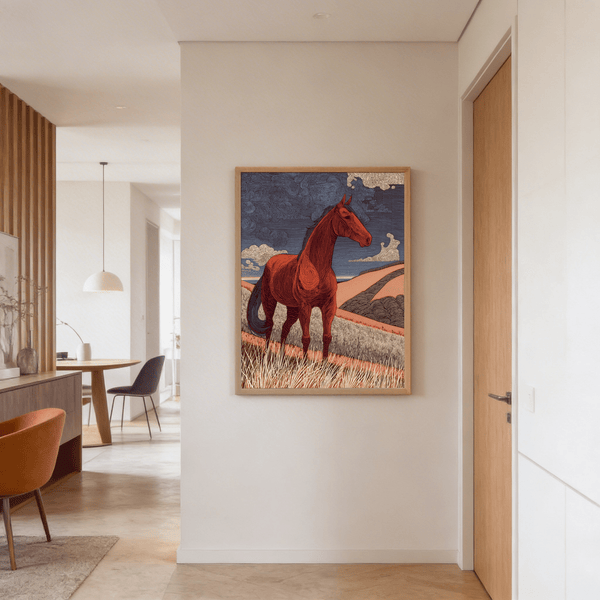 Equine wall print with layered hills and stylized clouds