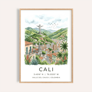 Illustrated Cali Colombia Poster print with mountains and city skyline