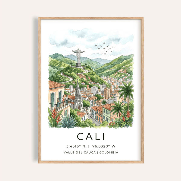 Illustrated Cali Colombia Poster print with mountains and city skyline