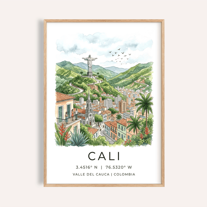 Illustrated Cali Colombia Poster print with mountains and city skyline