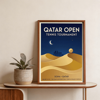 Minimalist Qatar Open Tennis Print featuring night sky, sand ridges, and subtle city silhouette