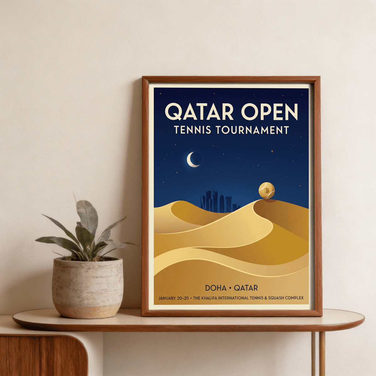 Minimalist Qatar Open Tennis Print featuring night sky, sand ridges, and subtle city silhouette