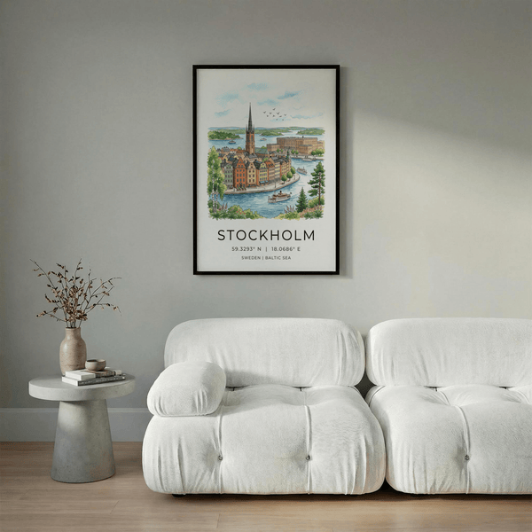 Graphic cityscape wall art print with Stockholm text and coordinate-style lettering
