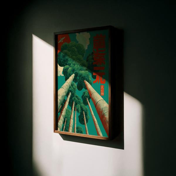 Stylish Japanese Tree Art Print with Green, Blue, Red, perfect for entryway wall art