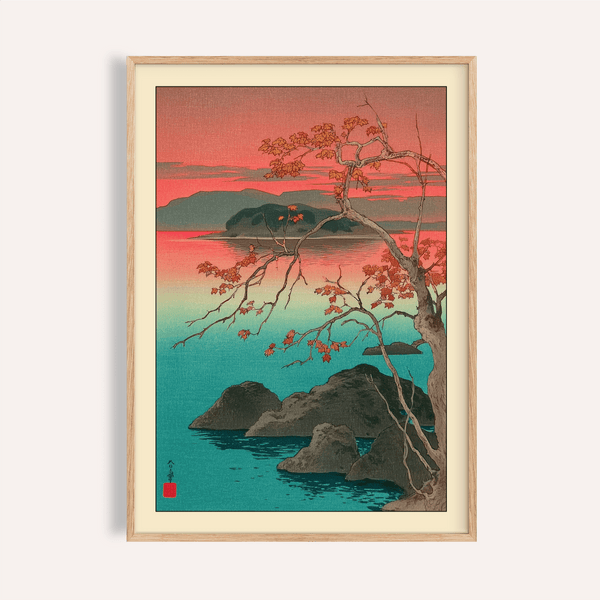 Framed wall view of Hasui Kawase maple leaves print above a console table