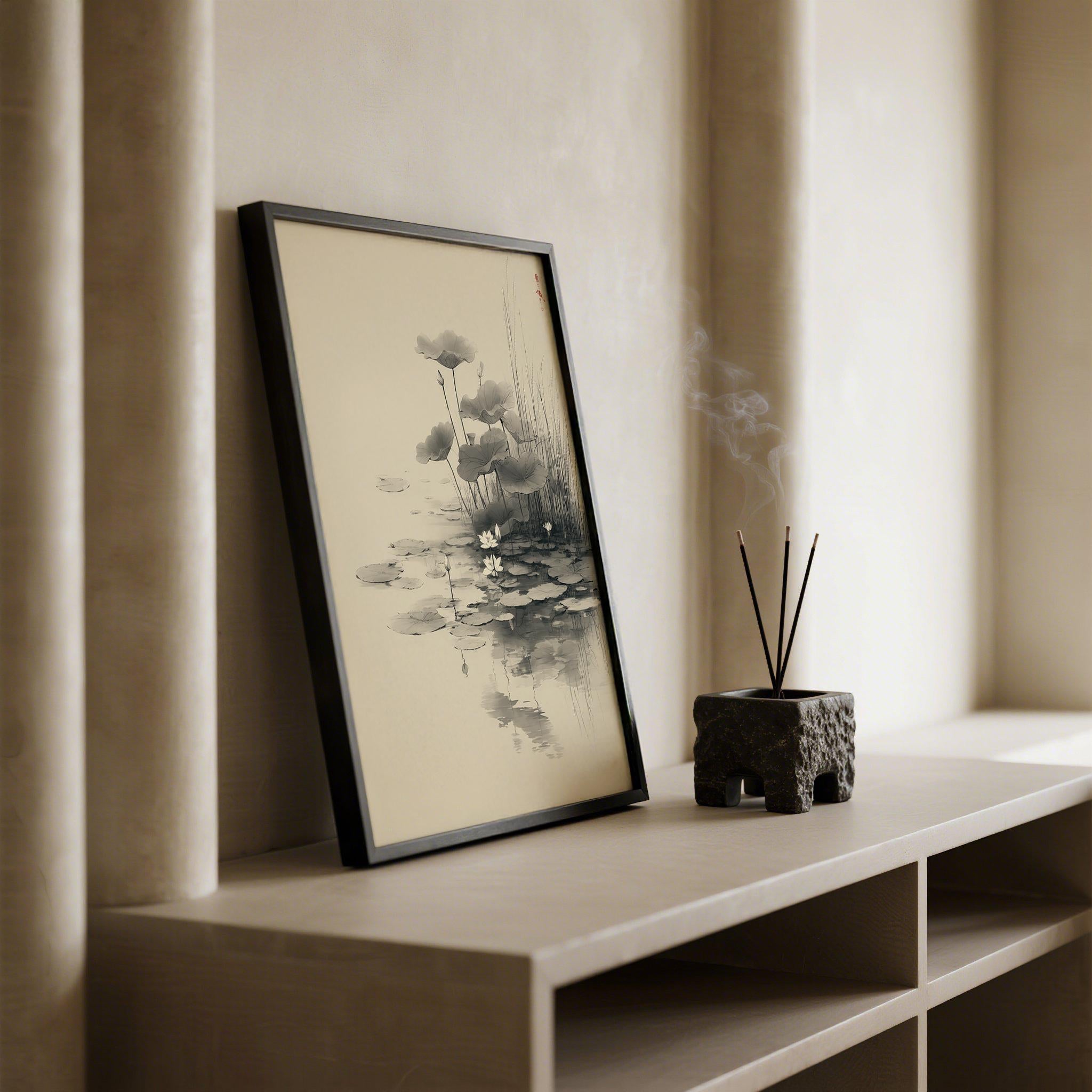 Lotus Flower Wall Art | Japanese Ink Pond Print