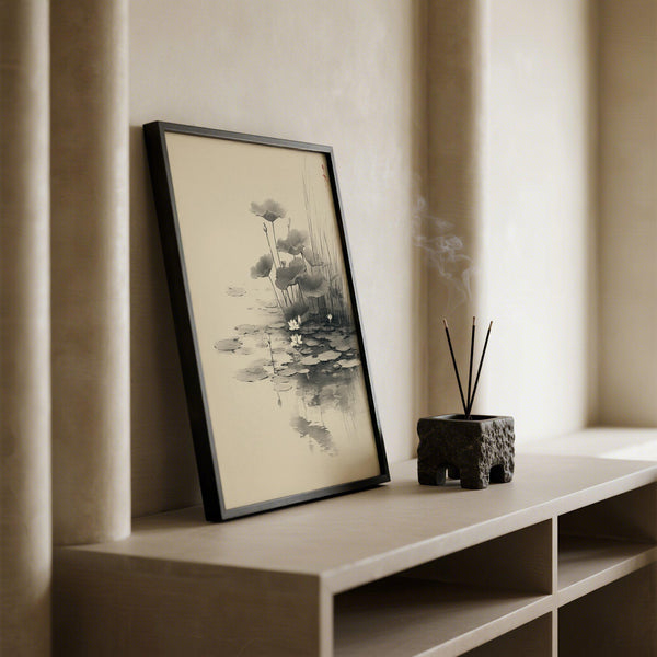 Ink-painted lotus flower wall art with delicate pond reflections.