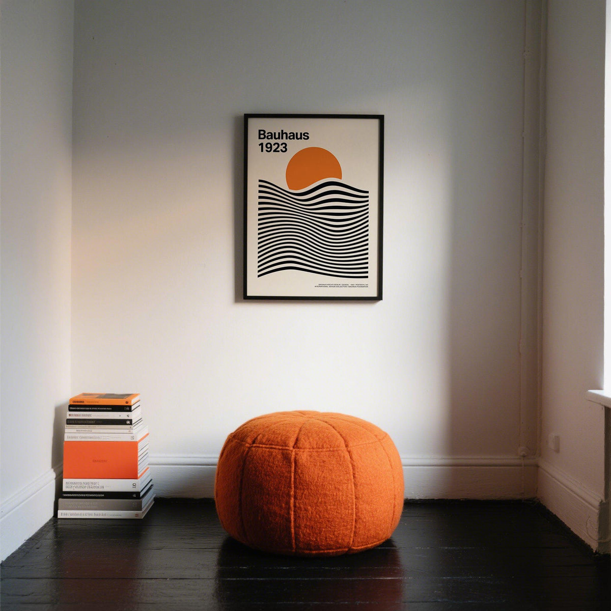 Bauhaus-inspired Sun and Mountain Wall Art in orange, black, and cream tones.