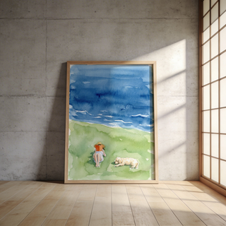 Watercolor coastal poster with negative space, layered waves, and a person reading on grass by the shore
