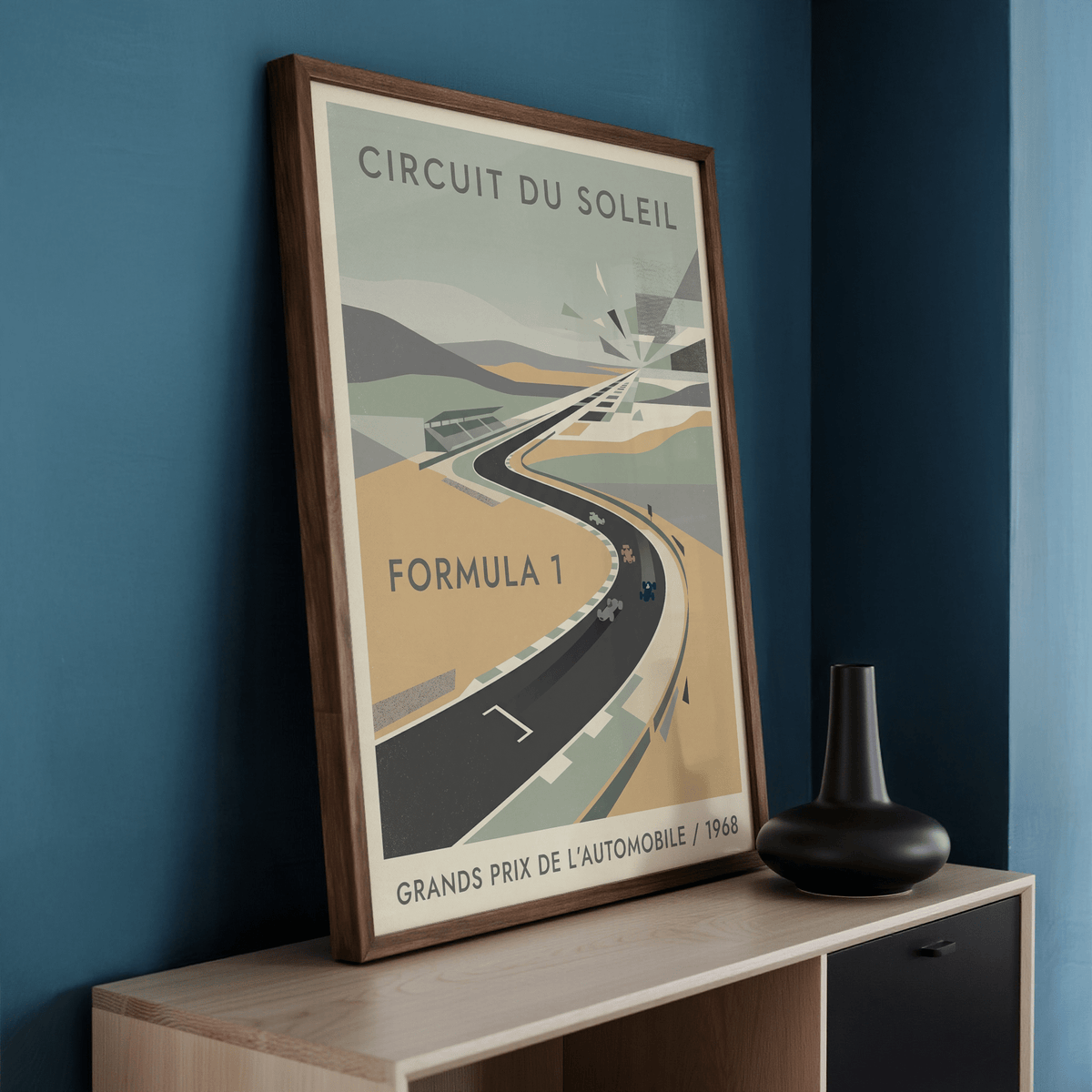 Minimalist racing circuit poster print with flat geometric shapes and track perspective