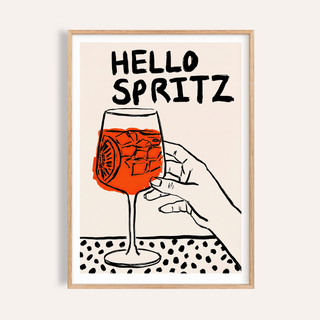Hello Spritz cocktail poster with hand holding stemmed glass and ice illustration