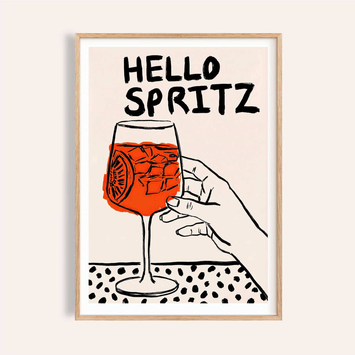 Hello Spritz cocktail poster with hand holding stemmed glass and ice illustration