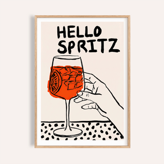 Framed Spritz Print of minimalist illustration with orange cocktail and hand holding the glass