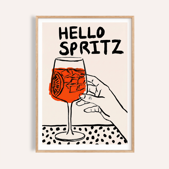 Hello Spritz cocktail poster with hand holding stemmed glass and ice illustration