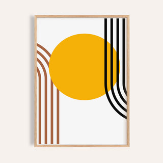 Framed Bauhaus Sun Print with orange sun circle and curved lines in brown and black
