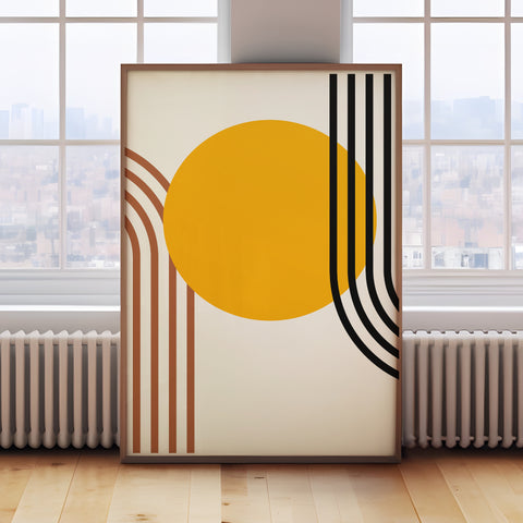 Modern geometric Bauhaus wall art in yellow and black, ideal for minimalist interiors

