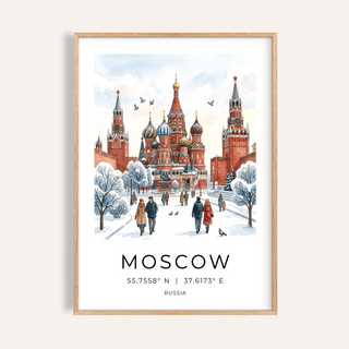 Illustrated Moscow city poster wall art with cathedral domes and snowy square