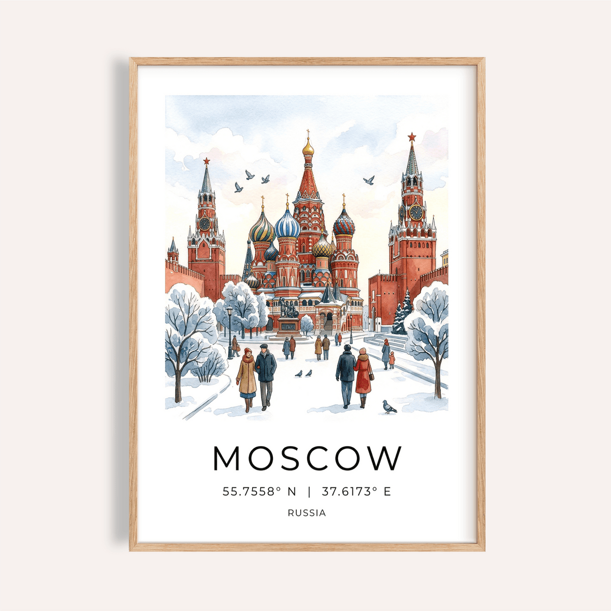 Illustrated Moscow city poster wall art with cathedral domes and snowy square