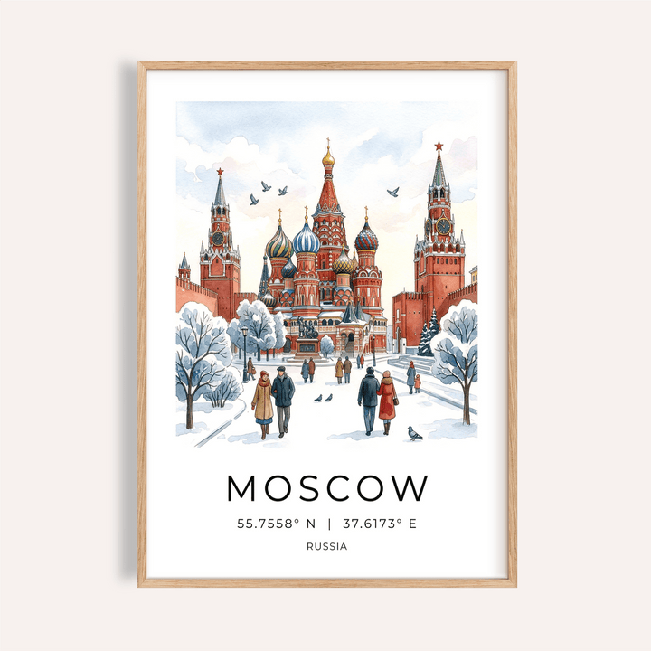 Illustrated Moscow city poster wall art with cathedral domes and snowy square