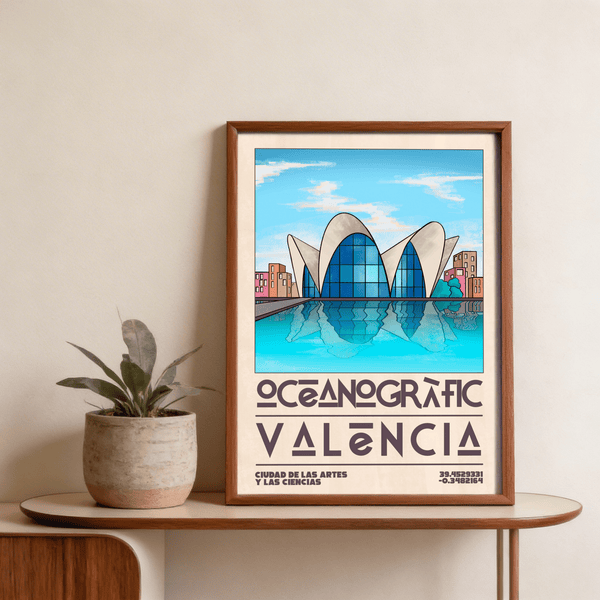Valencia Oceanographic Art Print framed next to Mediterranean travel posters