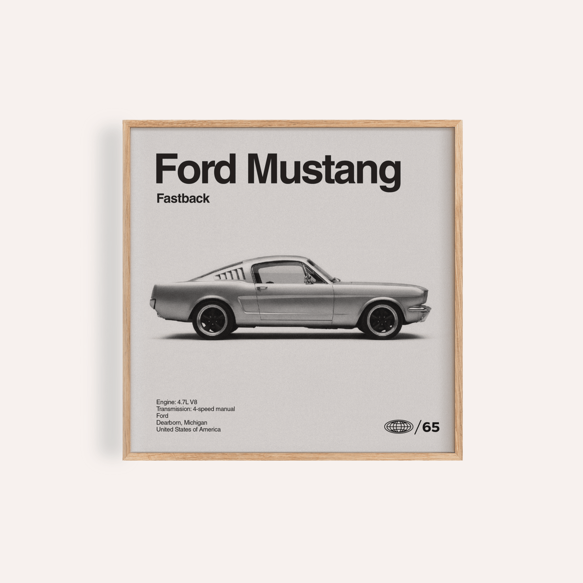 Ford Mustang Art Print in Black and White for living room wall art