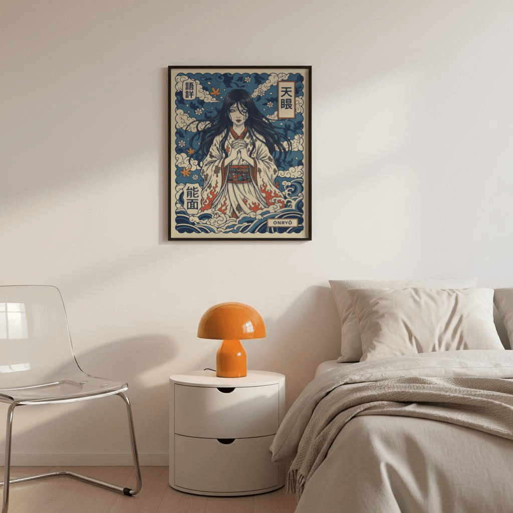 Detailed wave pattern wall art print along the bottom border with layered curves