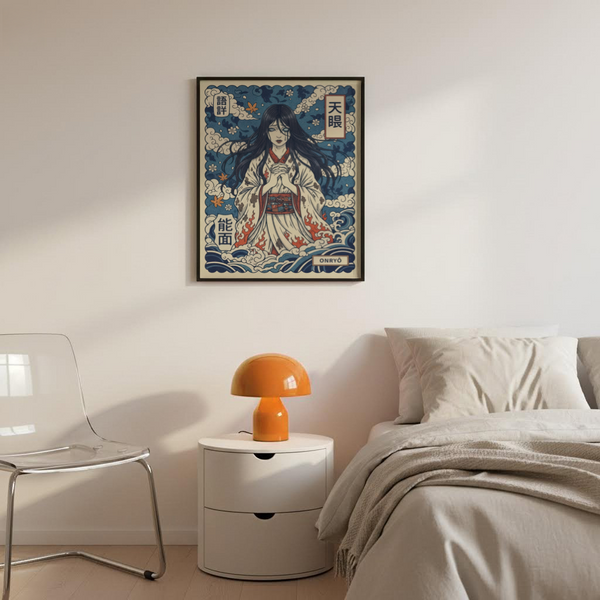 Detailed wave pattern wall art print along the bottom border with layered curves