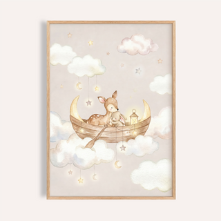 Watercolor nursery poster of a fawn and bunny in a wooden boat among clouds and hanging stars