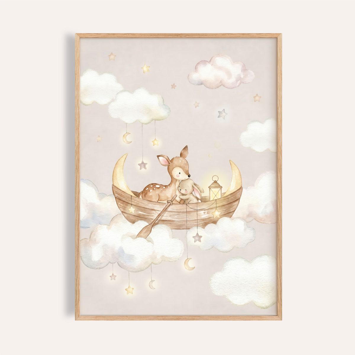 Watercolor nursery poster of a fawn and bunny in a wooden boat among clouds and hanging stars