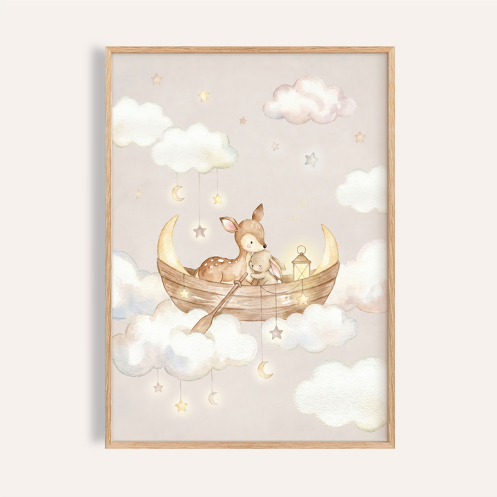 Watercolor nursery poster of a fawn and bunny in a wooden boat among clouds and hanging stars