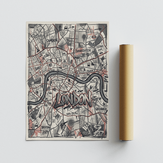 Oversized London lettering framed by dense road grid in pink and gray tones
