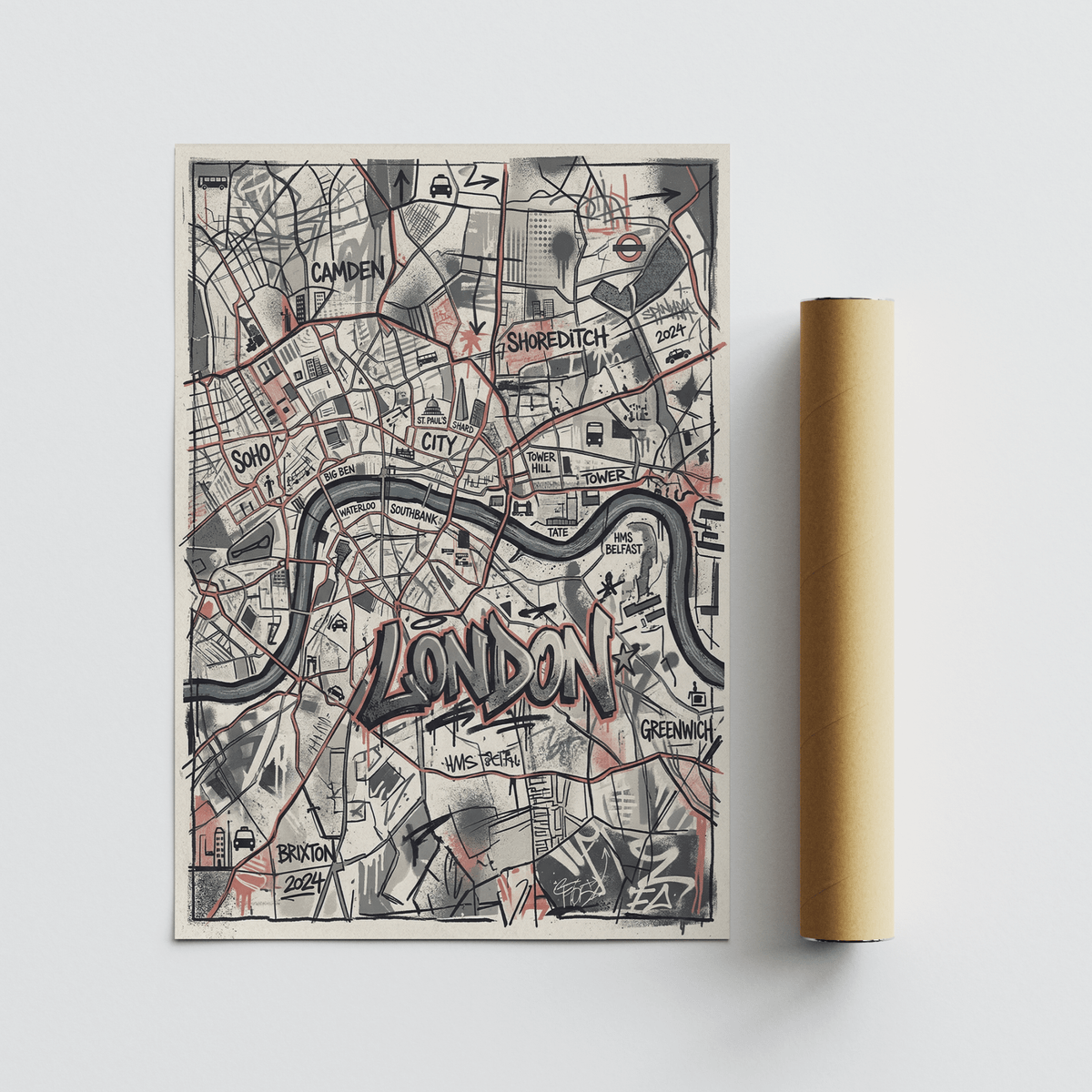 Oversized London lettering framed by dense road grid in pink and gray tones