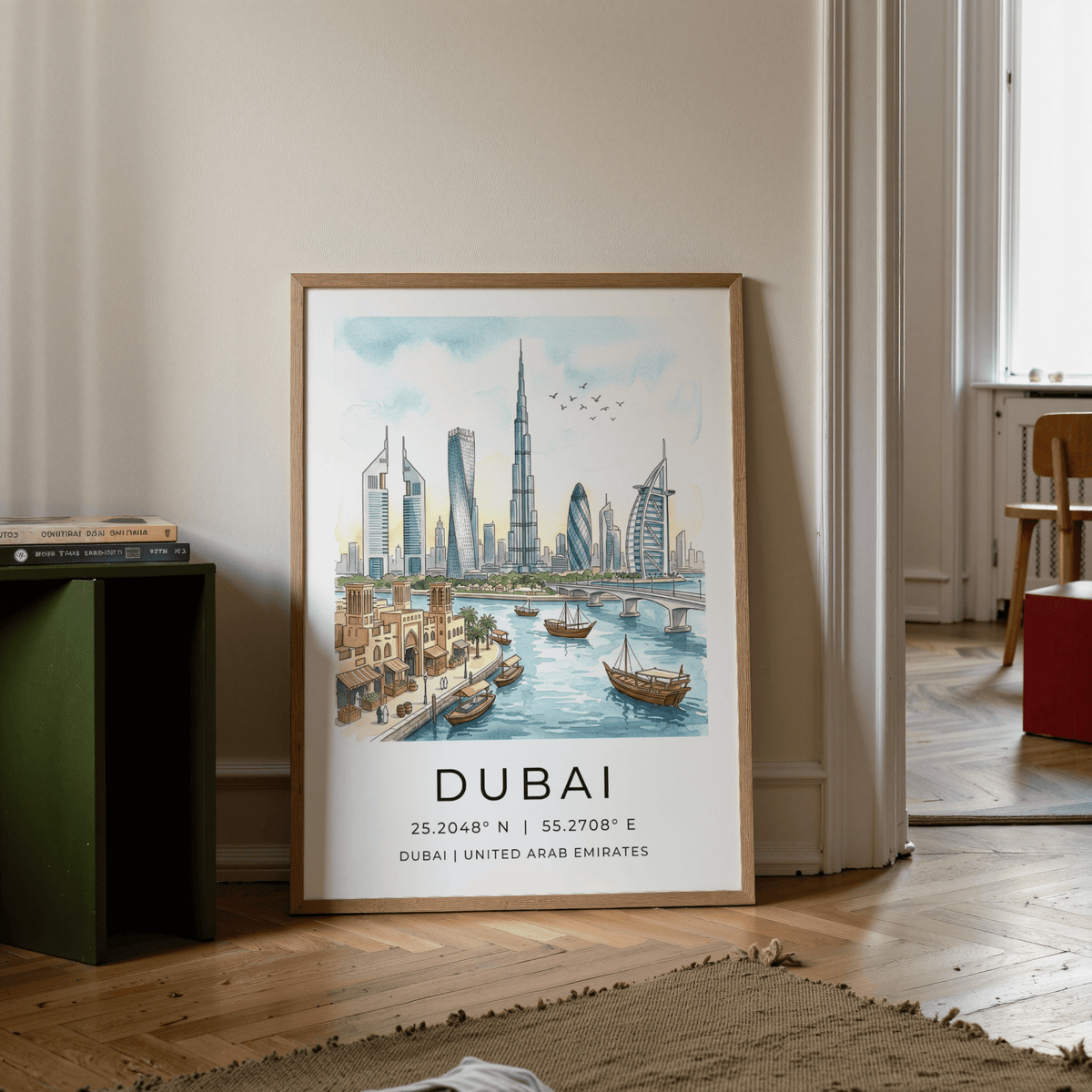 Travel-style Dubai Skyline Wall Art print with skyline and coordinates text