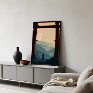 Desk area styling with Samurai Mountain Poster leaning against wall
