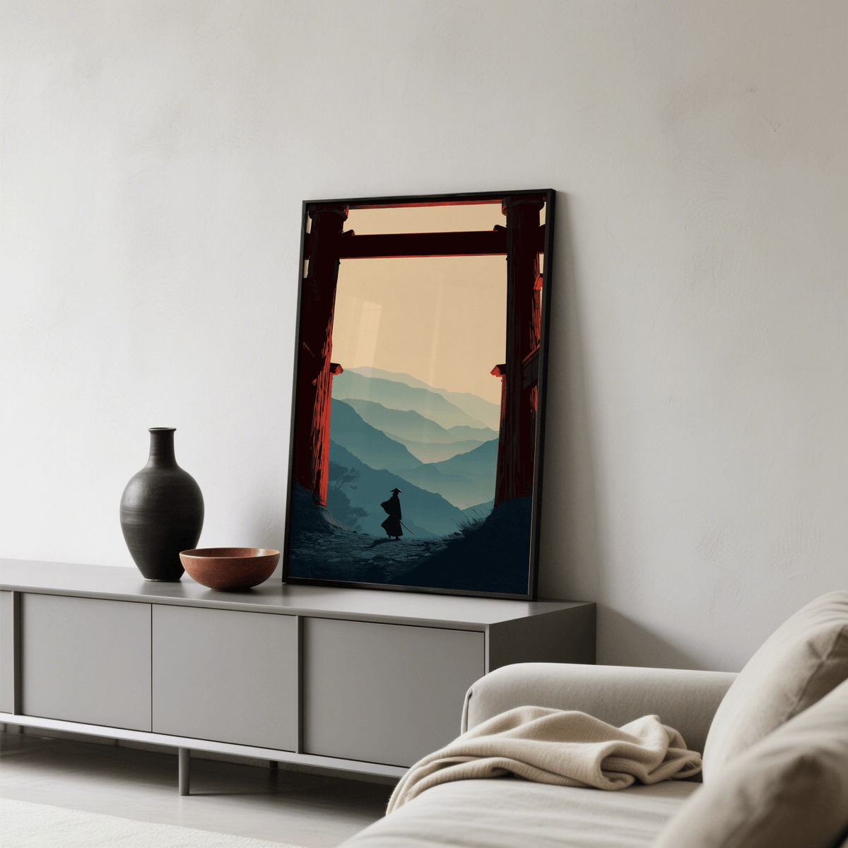 Desk area styling with Samurai Mountain Poster leaning against wall