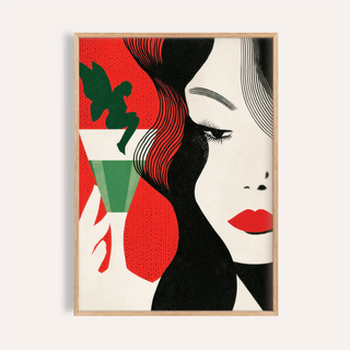 Close-up woman and martini glass poster with winged figure illustration