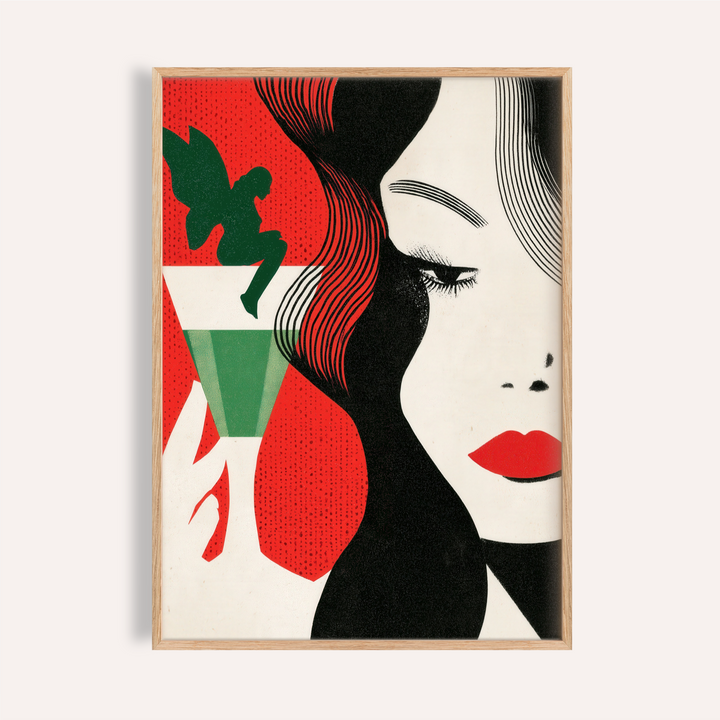 Close-up woman and martini glass poster with winged figure illustration