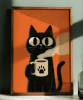 Cat Coffee Mug Print, whimsical Black cat, Orange office wall art